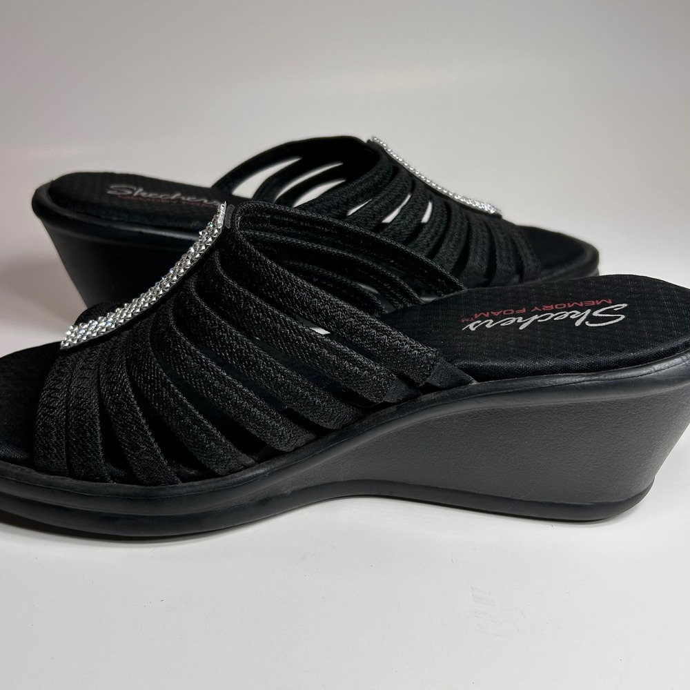 Skechers Rumblers Hotshot Wedge Sandals Womens 10 Black Rhinestone Comfort Bling - Picture 9 of 11
